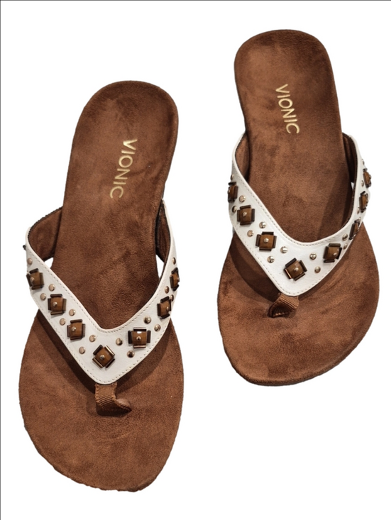 Vionic Shoes - Vionic Beaded Thong Sandals Orthotic White Brown Size 8